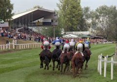 Pferde und Jockeys im Schlussbogen. www.galoppfoto.de - Frank Sorge